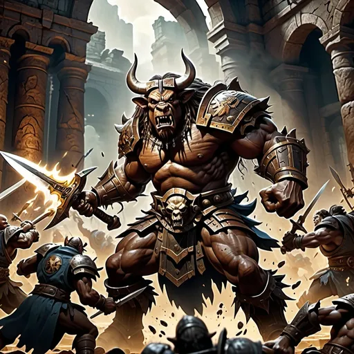 Prompt: Warhammer fantasy RPG style, minotaur battling with realistic human  warriors in full body armors, intense action,detailed  high-quality illustration, fantasy, battle scene, dynamic poses, dark and moody lighting, ancient ruins backdrop, earthy colors, detailed weapons and shields, fantasy art