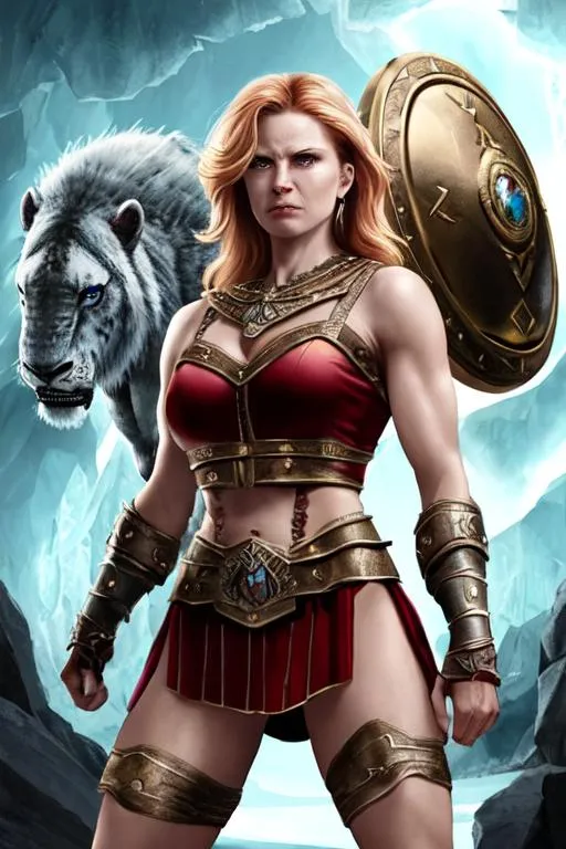Prompt: Strong woman,staring,fighting, against,gladiator,into ice ages,crystal,flames,shield,