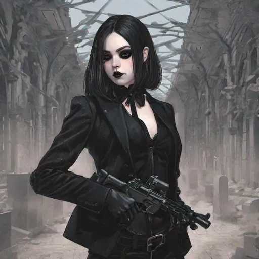 Prompt: gothic girl with a black suit and a gun
