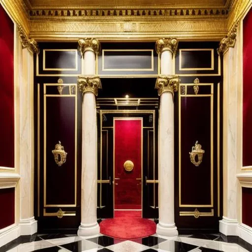 Prompt: a golden room paired with red velvet and polished stone used as vestibule to fine theatre. French neo-classicism. photorealism.