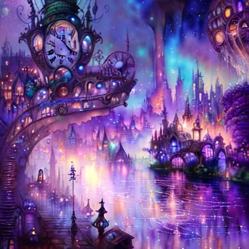 Prompt: Steampunk, watercolor, wet on wet, ethereal starlit city of magic lost in time at sunset, Josephine wall, Daniel Merriam, art station, fauvism, matte painting, hd, digital painting