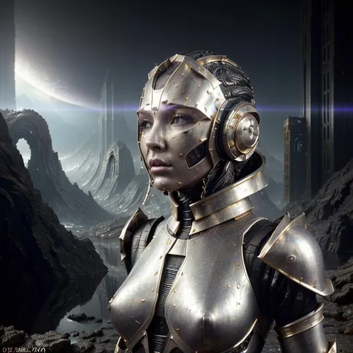 Prompt: splash art, hyper detailed, hyper realistic, highly detailed, dark, surreal heavy mist, floating at the edge of the Universe, on a dystopian alien planet, 

create a computer generated exquisite, beautiful, slender, ultra realistic young adult Caucasian hologram of a female Time Lord. Wearing highly detailed obsidian and gold armor, and a heavy iron collar, 

Gorgeous detailed facial features, long legs, vibrant sumptuous, perfect body, ultra pale, visible midriff, 

Perfect studio lighting, perfect shading. HDR, UHD, high res, 64k, cinematic lighting, special effects, hd octane render, professional photograph, trending on artstation.