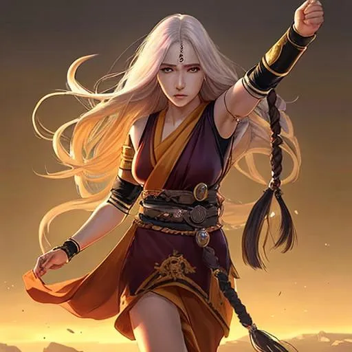 Prompt: aasimar, monk aesthetic,no extra limbs, no extra fingers, female, fantasy, long hair, portrait for game, full body, fighting pose, teenlike face