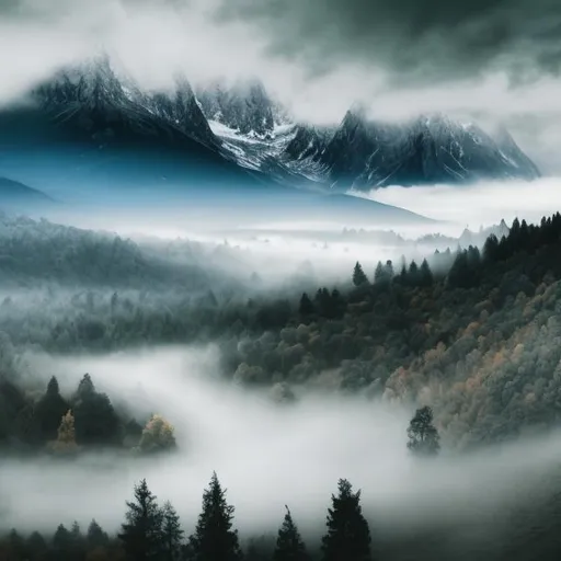 Prompt: Landscape covered in mist and mountains 