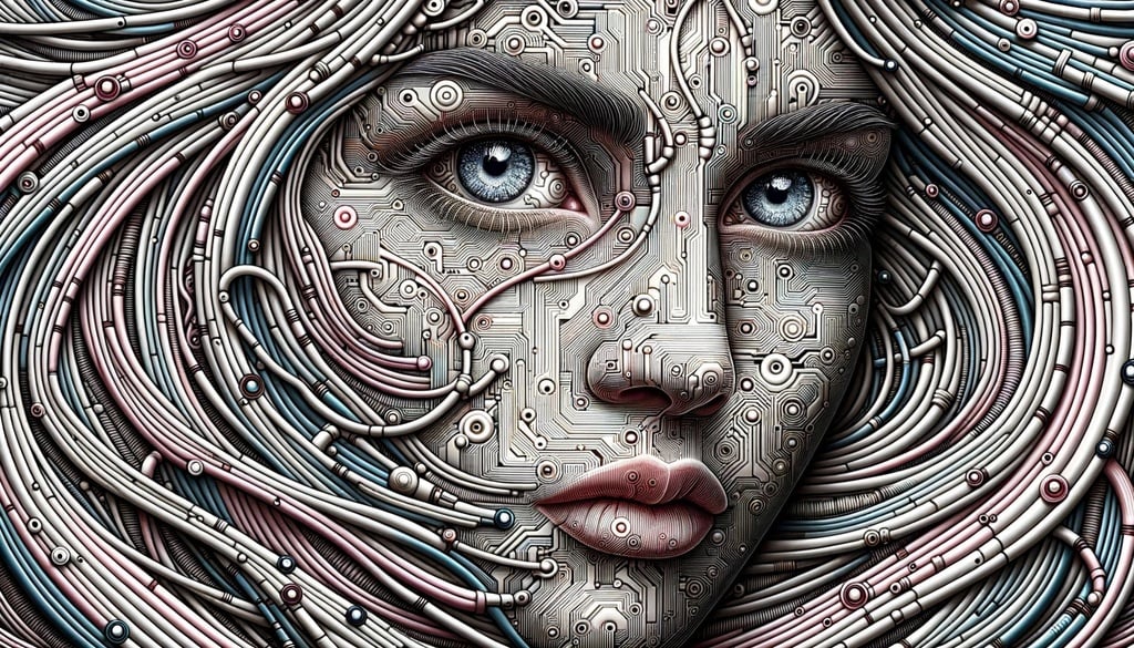 Prompt: Digital art illustration of a woman intertwined with circuits in a surreal, dreamlike, and intricate style reminiscent of surrealism. Her eyes have a peculiar shine, and the image gives a close-up view, showcasing the peculiarities of her features.