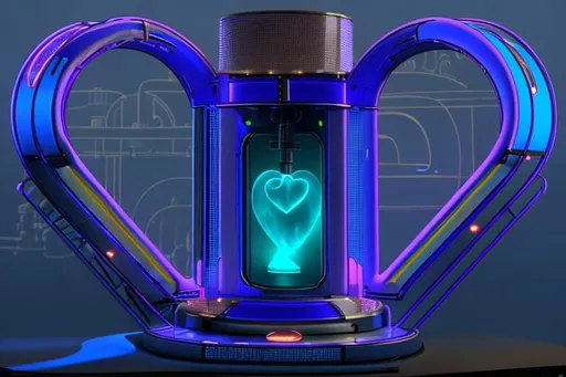 Prompt: Heart shaped chamber and chassis, perfect symmetry, two hollow square rails that loop from the center back to the center at the bottom. mechanical blueprint, electric blue plasma instead of pink, By Matthew S Roberts