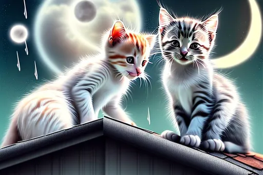 Prompt: 1 white mama cat sits on a rooftop looking at the moon, two kitten play around her, one kitten white and playful, one kitten dark gloomy and barely looks interested in playing. Backside view, Rain, iridescent clouds, anime style,  hyperealistic, 