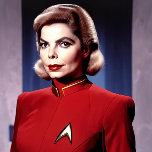 Prompt: A portrait of Barbara Bain, wearing a Starfleet uniform, in the style of "Star Trek the Next Generation."