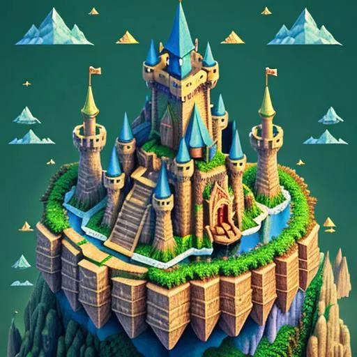 100mm photo of isometric wizard's castle on a mounta...