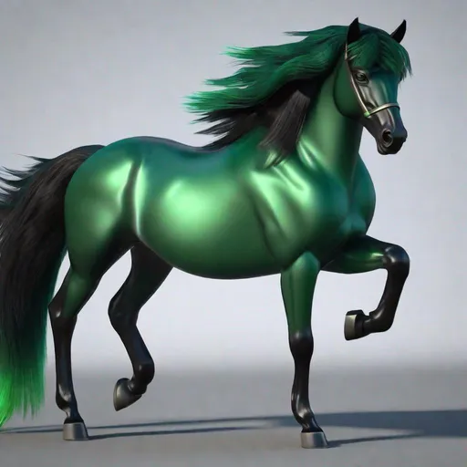 Prompt: horse animatronic hybrid, with focused emerald eyes. They identify as a Male. Emerald colored feathery tail. dark Green ombre mane and tail. UHD, HD, 4K, green haze, anime style, green and black coat