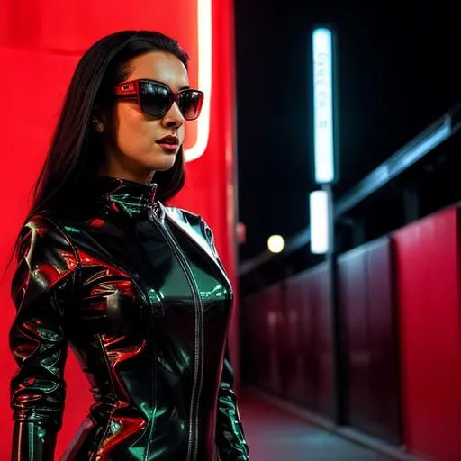 Prompt: Beautiful woman from a random country, futuristic black sunglasses wearing a red and black latex futuristic avant-garde dress, walking in the street, at night, highly detailed, ambient light, red neon lights, close-up, provocative, street photography, perfect composition