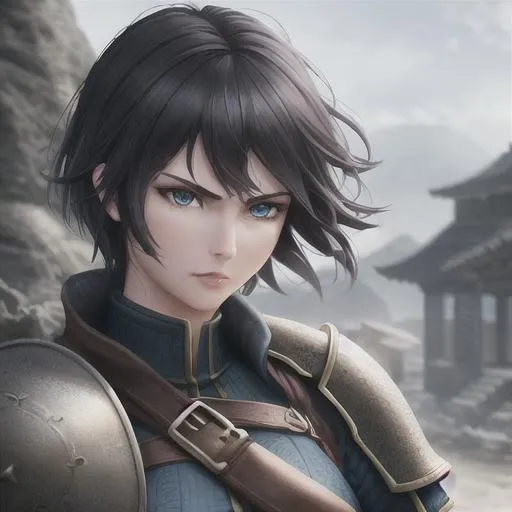 Prompt: D&d female warrior, short black hair, blue eyes, village, professional, render, Sharp focus, HD, UHD, HDR, hyperrealistic 