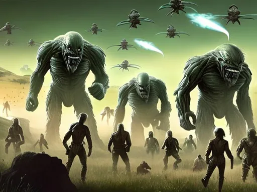 Prompt: Armies of humans & sasquatch battling alien invaders on an open plain.
