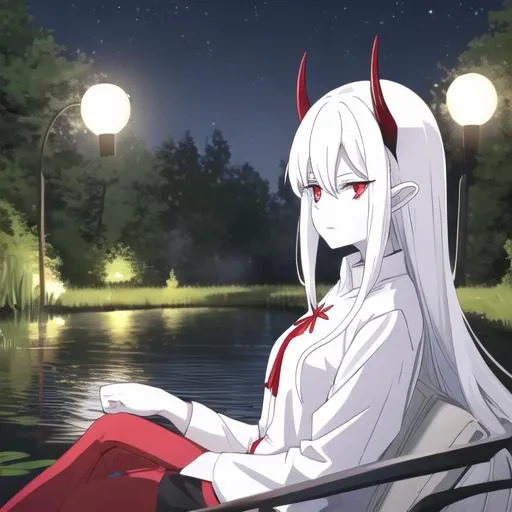 Prompt: in the night , sitting on a pond , long white hair , white skin , girl , red beautiful eyes , horns , shirt