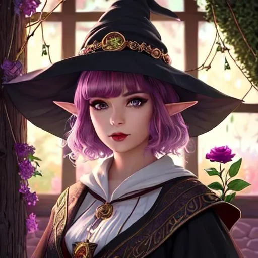 Prompt: female elf, witch, detailed face, detailed eyes, full eyelashes, ultra detailed accessories, robes, witch hat with flowers, short hair, curly hair, bangs,  dnd, artwork, nature background, tree house interior, looking outside from a window, hanging string lights, vibrant, multicolored hair, inspired by D&D, concept art, beautiful lighting, dusk, fireflies
