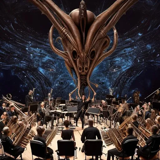 Prompt: A grand orchestra of alien musicians playing extraordinary instruments from distant galaxies