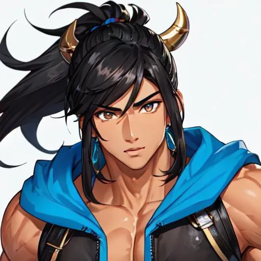 Prompt: Male (black hair in the front blue in the back) (brown eyes) buff, muscular