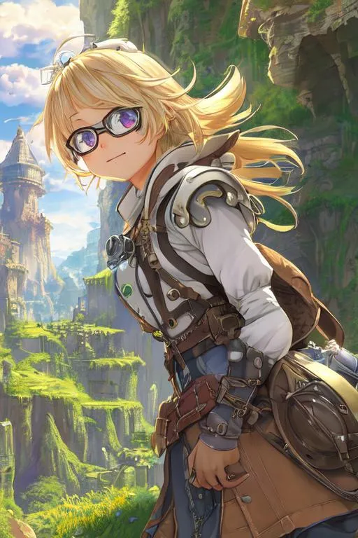 Prompt: Made In Abyss,

masterpiece intricate hyperdetailed best quality flat color pencil sketch 2D 1 anime girl joyful, blonde fluffy short hair, goggles, hyperdetailed blue and green steampunk fantasy leather and cotton clothes, hyperdetailed face,

scenic view landscape 2D flat color medieval city on the gigantic abyss hole vector background, action shot, extreme long shot wide view, full frame wide angle,

jumping, dynamic pose,

sunshine, blue sky, cinematic lighting,

precise hard pencil strokes, thick and hard pencil outline,

hyperdetailed 2D vector concept art picture, vector, illustration, character concept,

2D fantasy concept art style, inspired by final fantasy art, adventure, inspiring, colorful, heroic fantasy art,