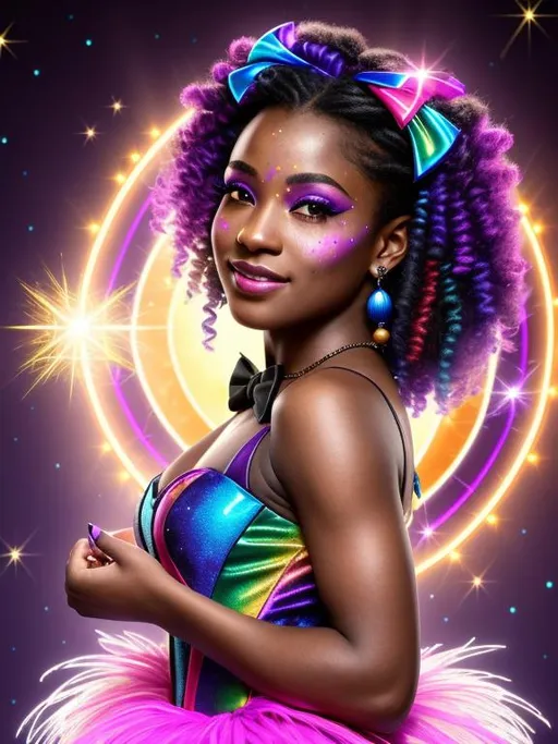 Prompt: Create an 8K resolution digital art portrait of the Goddess of the Dark Rainbow, Aurora, dark-skinned, with a young, pop, and elegant, optimistic appearance. The portrait should be a head and shoulders view, showcasing her as a trickster and entertainer, wearing a black tux and top hat. The style should be fantasy magic with tiny soft freckles, hyper-detailed painting, and dynamic lighting that creates a clear and deep color effect. Use a triadic color scheme and add Unreal Engine 5 volumetric lighting to enhance the overall effect. The portrait should be created by Greg Rutkowski, Artgerm, WLOP, Alphonse Mucha, or one of the other artists known for creating intricate and highly detailed artwork. The environment should also be detailed and intricate, featuring global illumination, and rendered in Unreal Engine 5. The overall effect should be sharp and focused, with a studio photo feel, and trending on ArtStation.