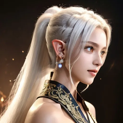 Prompt: fantasy, mercenary, flame staff, a strong fist, bare arms, angelic hall type background, intricate detail, wavy long flowing white hair, ponytail, jeweled earing, smile, detailed face, male features, detailed eyes, youthful, fit body, amber eyes, profile, full body, front on view, best ratio , small elf ears, realistic, male, couourful robes, jeweled collar