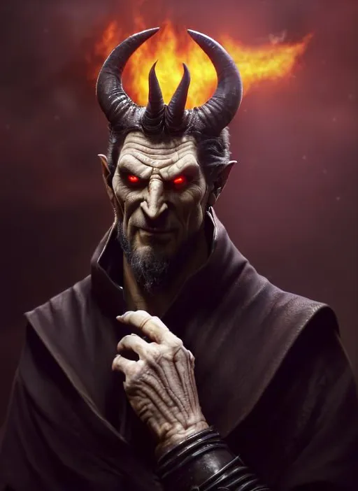 Prompt: The archdevil Asmodeus
Dungeons and Dragons evil deity
Terrifying demon lord
Confident
Cocky
Arrogant
Master of fire
Intimidating 
Asmodeus
Demon
Devil
Handsome
Tall
Skinny
Goatee
Horns
High quality
High resolution
Detailed
Photorealistic
Flaming 
Evil deity 
Terrifying
Full body image
Standing in a lava chamber 
Wearing black robes 
Vivid
Ancient
Black eyes
Very old
Clearly visible
Happy
Arrogant
Smirk
Humanoid
Vaguely human