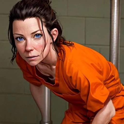Prompt: evangeline lilly  in prison wearing orange scrubs prison uniform