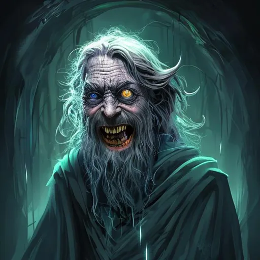Prompt: a wizard experimenting on a human, dark colours, potions surrounding him, young wizard, large scary smile, digital art, dark colours
