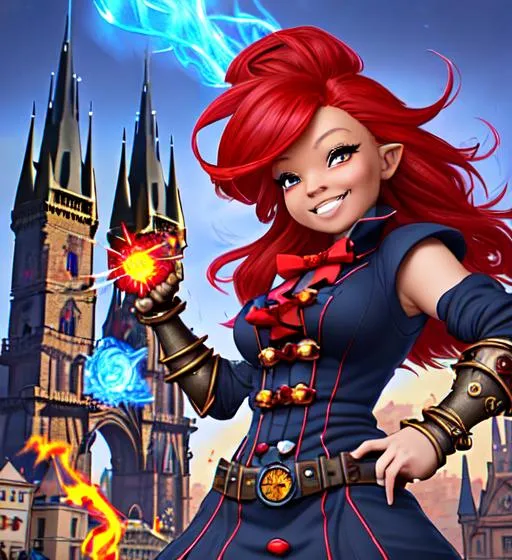 Prompt: Professional splash art, in front of a red-sandstone stone skyscrappers with renaissance Prague spire architecture, female blue skinned gnome, cute, electical metal steampunk gauntlet, mage channeling arcane magic, carefree playful look on her face, red hair shooting up like flames, very large hairstyle, wearing navy-blue with red pinstripes with red accents, long evening wear skirt with slits down both sides, electricity arcs from gauntlet, chaotic magic bursts from her hand, steampunk, electropunk, Highly detailed, haversack, wizard spellbook, chaotic magical energy in the air, excitement, action, magic swirling in the air.