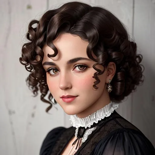 Prompt: An attractive 35 year old woman with very curly hair, elegant, Victorian era, 19th century, facial closeup