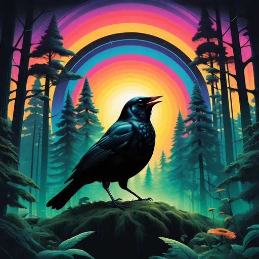 Prompt: Create an album art cover that shows a heroic blackbird.  the surrounding forest is a psychedelic futurist space. a new world