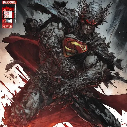 Prompt: Todd McFarlane ronin superman variant with big feather wings instead of Cape. Oriental. muscular. dark gritty. Bloody. Hurt. Damaged. Accurate. realistic. evil eyes. Slow exposure. Detailed. Dirty. Dark and gritty. Post-apocalyptic. Shadows. Sinister. Intense. 