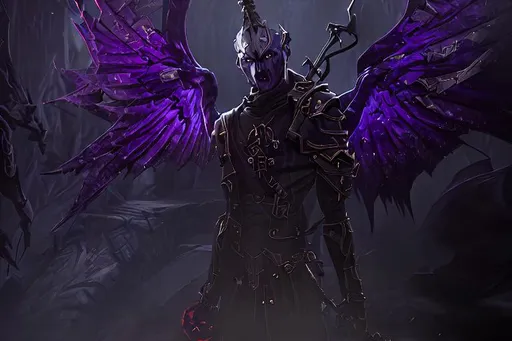 Prompt: Create a chilling artwork that evokes fear and dread, featuring a male Winged Tiefling Fighter in a DnD-style. This Tiefling possesses an unsettling presence with his pale, sickly purple skin that seems to absorb light rather than reflect it. His physique is gaunt and wiry, giving an impression of both fragility and lethal agility.

His bat-like wings are tattered and torn, with patches of decaying flesh clinging to the bones. Veins of pulsating dark energy course through the wings, casting eerie shadows around the Tiefling. The wings emit a haunting, muffled sound as they flap, reminiscent of a bat's eerie screech.

The Tiefling's eyes glow with an unholy, malevolent light, radiating an aura of darkness and menace. His angular face is twisted into a cruel and sadistic grin, revealing elongated fangs and a forked tongue. Sinister runes are etched into his forehead, pulsating with an otherworldly energy.

In his bony hands, the Tiefling wields a scythe that appears as though forged in the depths of the abyss. The blade is serrated and jagged, exuding an aura of pure malevolence. Dark wisps of shadowy essence coil around the scythe, as if drawn to its sinister power.

Set the scene in a desolate and ominous environment, such as a graveyard consumed by an eternal night or a haunted, mist-shrouded forest. The atmosphere should be suffused with an eerie, otherworldly glow, casting long, sinister shadows. Ghastly apparitions and twisted, monstrous creatures lurk in the background, heightening the sense of dread.

The artwork should send shivers down the viewers' spines, capturing the unsettling and terrifying nature of the Winged Tiefling Fighter. Let the portrayal emphasize his twisted and malevolent features, immersing the viewers in a dark and foreboding fantasy world.