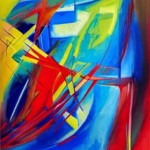 Prompt: sense of movement and energy through the use of curved and angular lines,bold, contrasting colors to create a sense of dynamism and tension in the painting, abstract oil art that blends elements of abstraction and expressionism