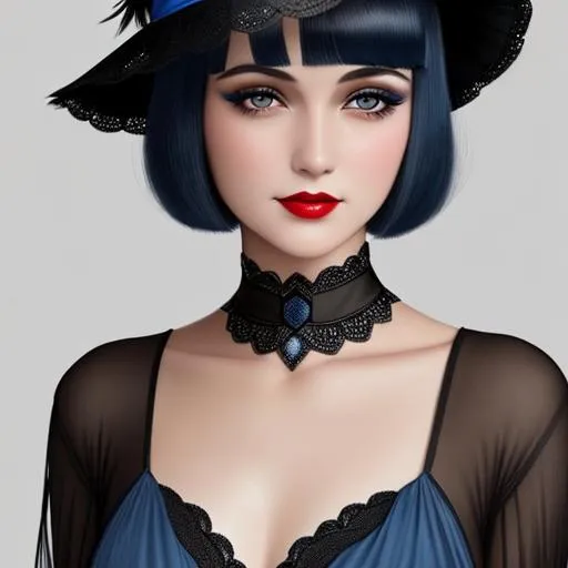 Prompt: a pretty girl  dressed in blue,  dark black hair, flapper, wearing a hat 1920's era, bob hair cut, 1920's era makeup, facial closeup