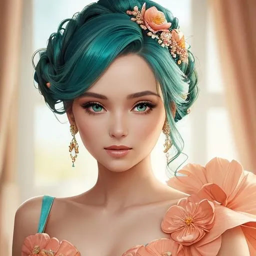 Prompt: Beautiful woman portrait wearing an turquoise evening gown, elaborate updo hairstyle adorned with  peach flowers,