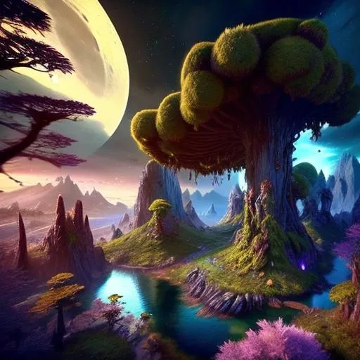 Prompt: Highly detailed video game level design, fantasy planet landscape, moon, clouds, stars, planets, waterfalls, nebulae, mystical, light pillars, ancient redwood trees on an island, #29d6ac, #ff008c, #6a5db9, trending on artstation, beautiful, tonemapping, fantasy art, digital painting, hyperrealism, hyperdetailed, landscape, photorealistic, radiant, vibrant, , abandoned ship, has a mountain in the background, full shot