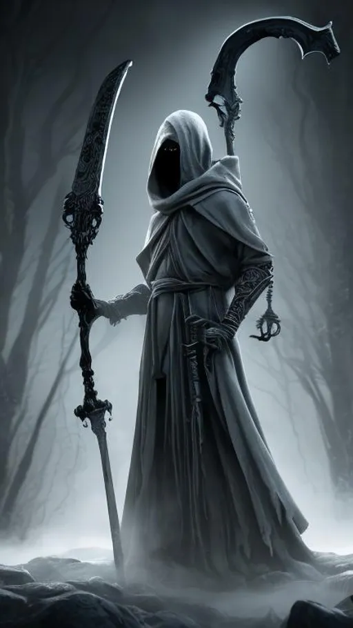 Prompt: Grey scale image of a wraith  in flowing robes with a scythe that has an incorporeal blade, very realistic style, dark forest back drop. 