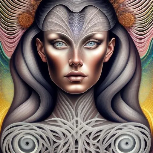 Prompt:  Geometric background backlit in the style of Alex Grey, In the foreground is a beautiful woman, in the style of Botticelli, Gray hair, four Gray-colored eyes, one set of eyes over the top of the other set of eyes