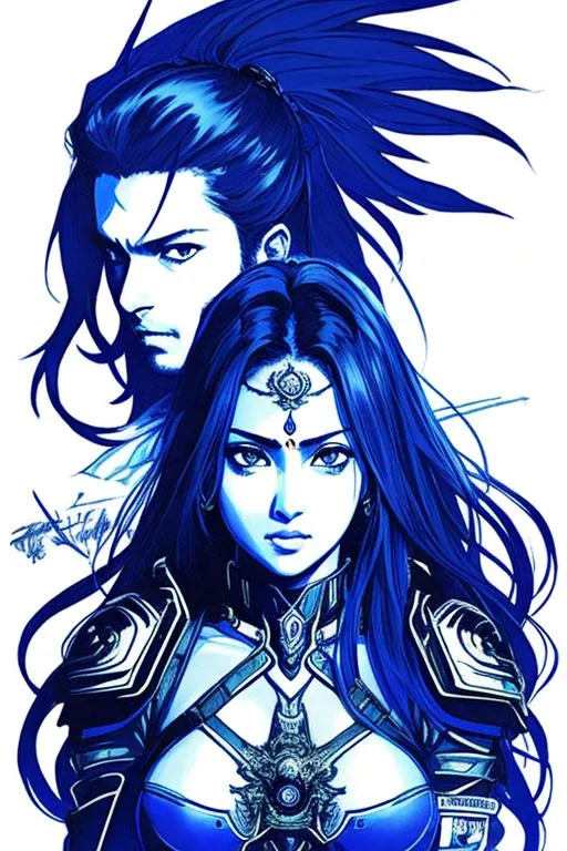 Prompt: 1man 1woman (((Yoji Shinkawa))), sticker of ultra detailed portrait of Enrique Inglies and Sadaf Mohammed Sayed  (Indian actress who mainly appears in Telugu, Tamil, and Kannada films)in dark blue holy armor, canon robotic hand, blue long hair, high quality cell shaded illustration in post apocalyptic style by Yoji Shinkawa, ((full body portrait)), dynamic pose, perfect anatomy, centered, freedom, soul, blue long hair, approach to perfection, cell shading, 4k , cinematic dramatic atmosphere, watercolor painting, global illumination, detailed and intricate environment, artstation, concept art, fluid and sharp focus, volumetric lighting, cinematic lighting, Art by Yoji Shinkawa,