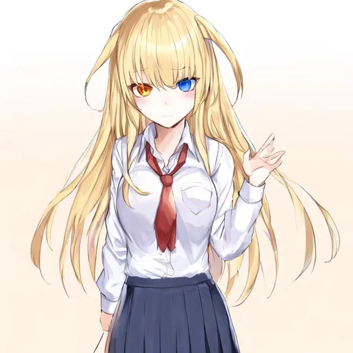 Prompt: Portrait of a cute girl with long, blonde hair and heterochromia wearing a school uniform 