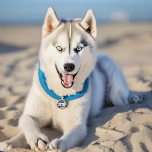 Prompt: White husky with icy blue eyes playing in the sand