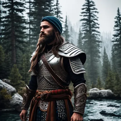 Prompt: Very Handsome Man/Gigachad with trimmed beared, flannel shirt Detailed eyes, beanie,  Brown Hair, Very Muscular, In very detailed silver armor (( 8k)) Full Body, Warrior, at Night, hyperrealism, clear quality, detailed pine tree forest background with flowing river ((full body))