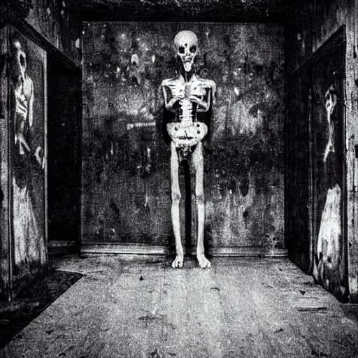 Prompt: creepy ritual photograph in a run down dark room