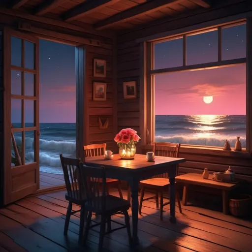 Prompt: The dark sea is bathed in the white moonlight, the sky is dark because it's night but the moonlight is very bright. There are light waves on the sea. On the right side of the scene is the sea and the beach, while on the left side stands a wooden house facing the sea. The house has a porch with two wooden chairs and a wooden table. On the table, there is a glass vase with roses. The house is covered with red, pink and champine color roses, and warm orange candlelight shines through the windows.  Behind the wooden house, in the distant background, are dense woods. The perspective is from the outside. The ocean dominates more of the scene than the house. The vibe is romantic