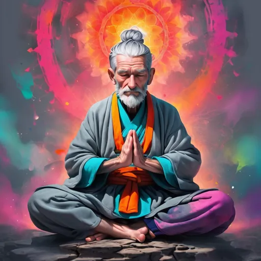 Prompt: Bright colors. vibrant inkpunk style photo of a grey haired old man sitting in meditation 