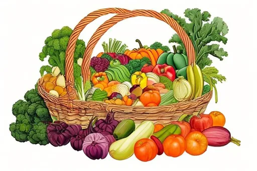 Prompt: A painting of A basket full of vegetables and fruits
