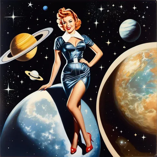 Prompt: a woman wearing outer space as a dress, pin-up model