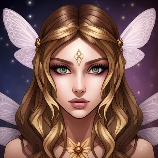 Prompt:  fairy goddess , beautiful skin ,large 
 brown eyes, dark blonde hair, facial closeup
