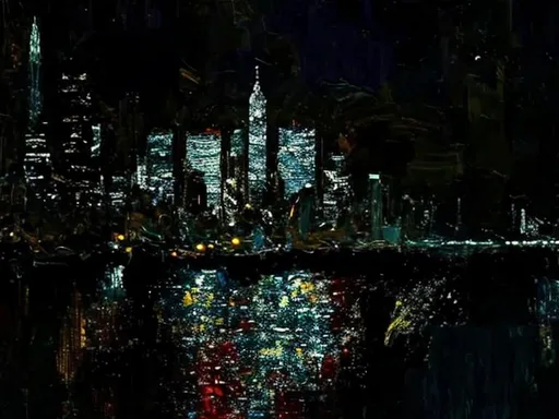 Prompt: Thick oil impasto York Skyline from 42nd Street Pier, thick oil impasto