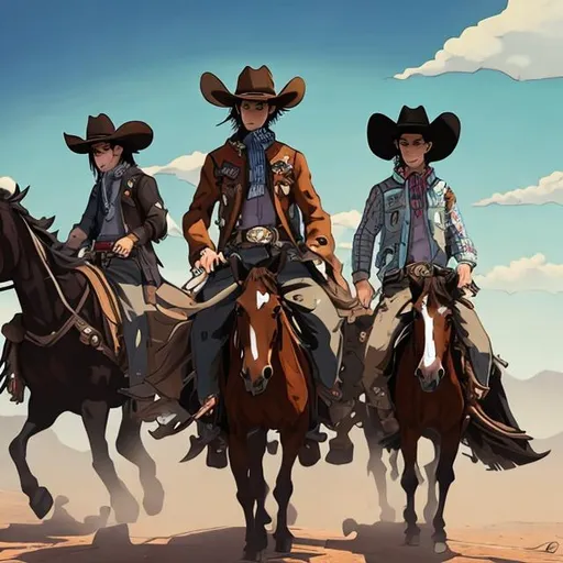 Prompt: cowboy anime style with revolvers walking beside a mustang horse 
